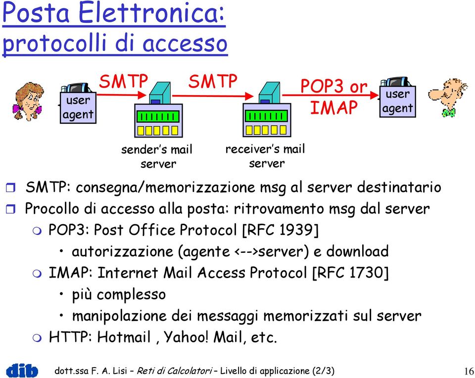 Protocol [RFC 1939] autorizzazione (e <-->) e download IMAP: Internet Mail Access Protocol [RFC 1730] più complesso