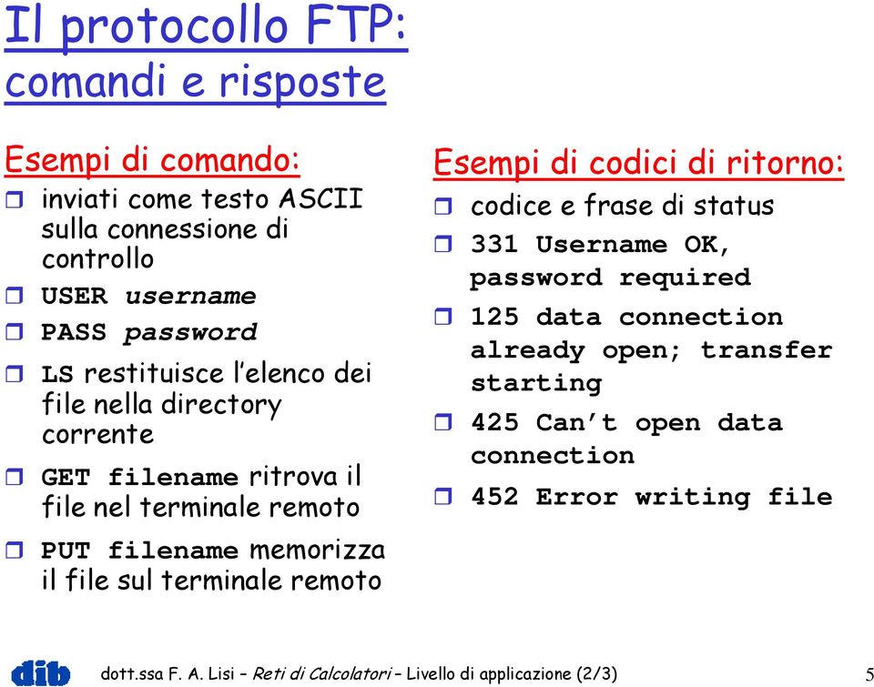 terminale remoto Esempi di codici di ritorno: codice e frase di status 331 Username OK, password required 125 data connection already open;