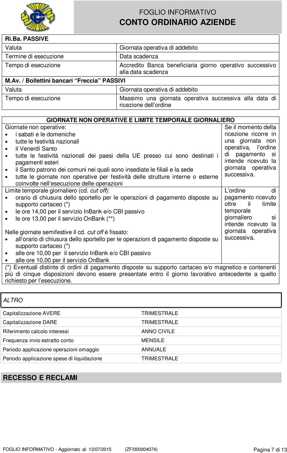 scadenza Giornata operativa di addebito Massimo una giornata operativa successiva alla data di ricezione dell ordine GIORNATE NON OPERATIVE E LIMITE TEMPORALE GIORNALIERO Giornate non operative: i