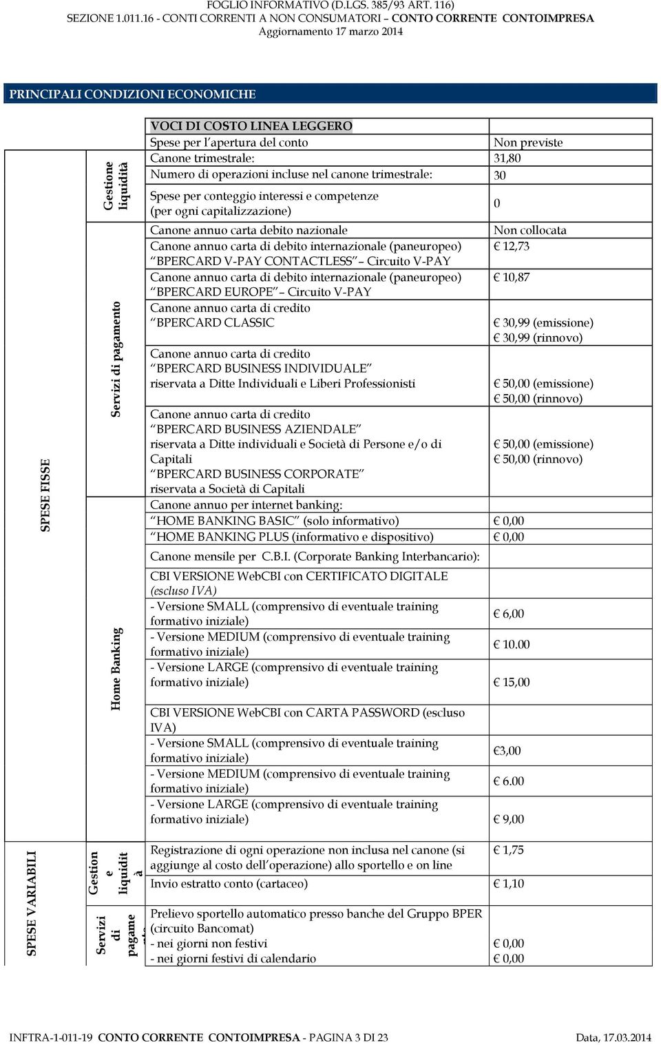 (paneuropeo) BPERCARD V-PAY CONTACTLESS Circuito V-PAY Canone annuo carta di debito internazionale (paneuropeo) BPERCARD EUROPE Circuito V-PAY Canone annuo carta di credito BPERCARD CLASSIC Canone