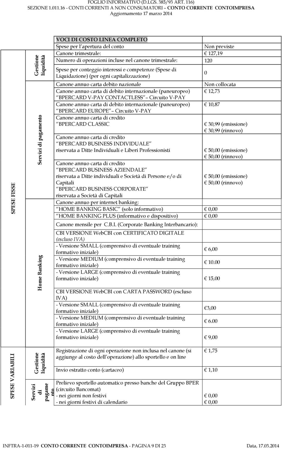 (paneuropeo) BPERCARD V-PAY CONTACTLESS Circuito V-PAY Canone annuo carta di debito internazionale (paneuropeo) BPERCARD EUROPE Circuito V-PAY Canone annuo carta di credito BPERCARD CLASSIC Canone