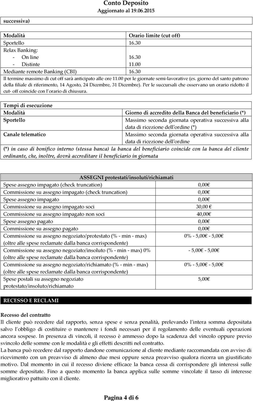 Per le succursali che osservano un orario ridotto il cut- off coincide con l orario di chiusura.