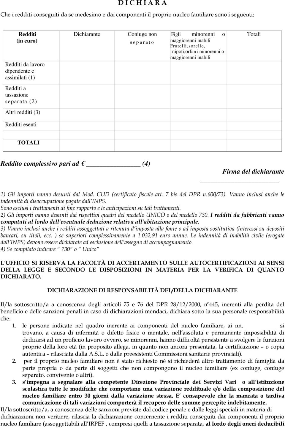 TOTALI Reddito complessivo pari ad (4) Firma del dichiarante _ 1) Gli importi vanno desunti dal Mod. CUD (certificato fiscale art. 7 bis del DPR n.600/73).