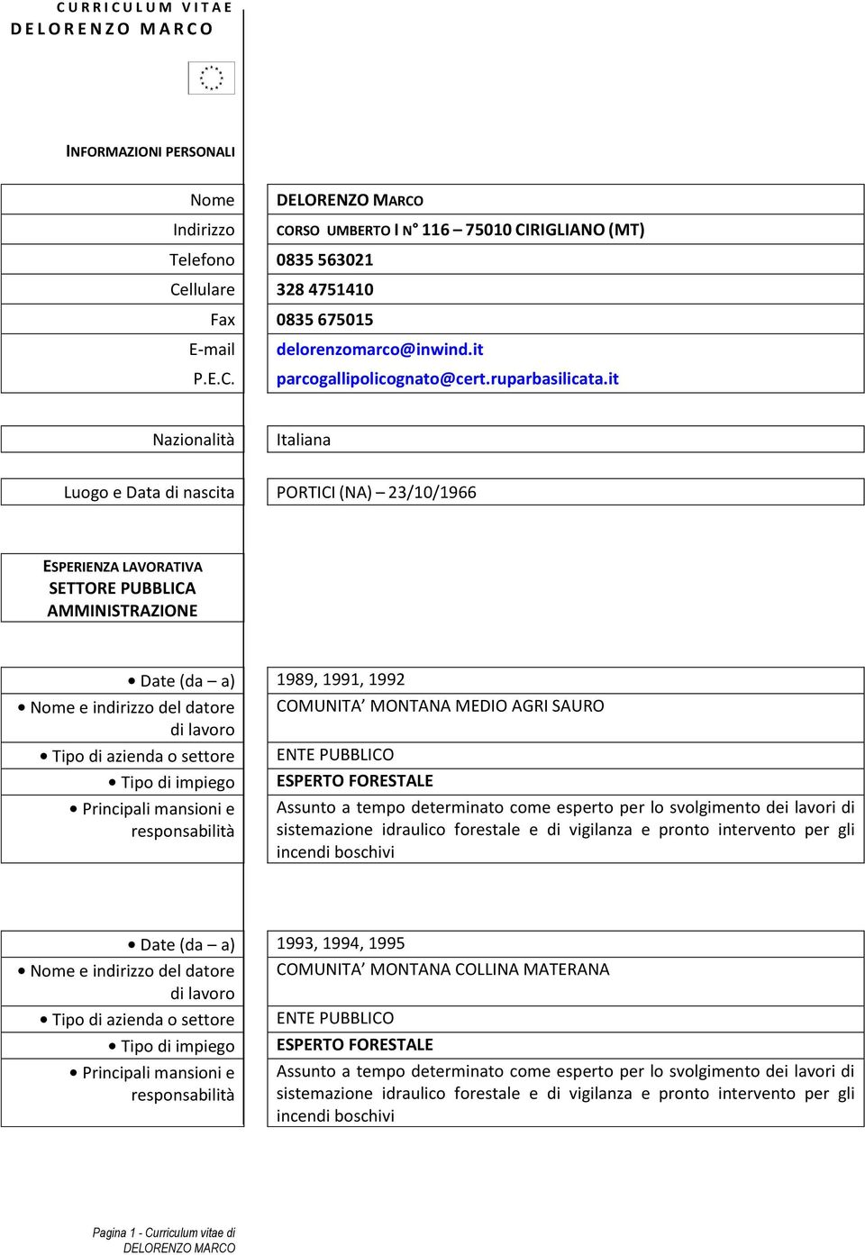 it Nazionalità Italiana Luogo e Data di nascita PORTICI (NA) 23/10/1966 ESPERIENZA LAVORATIVA SETTORE PUBBLICA AMMINISTRAZIONE Date (da a) 1989, 1991, 1992 Nome e indirizzo del datore COMUNITA