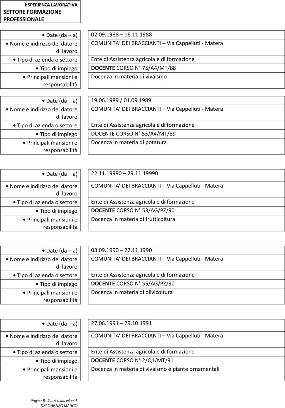 53/AG/PZ/90 Docenza in materia di frutticoltura Date (da a) 03.09.1990 22.11.1990 Tipo di impiego DOCENTE CORSO N 55/AG/PZ/90 Docenza in materia di olivicoltura Date (da a) 27.06.1991 29.10.