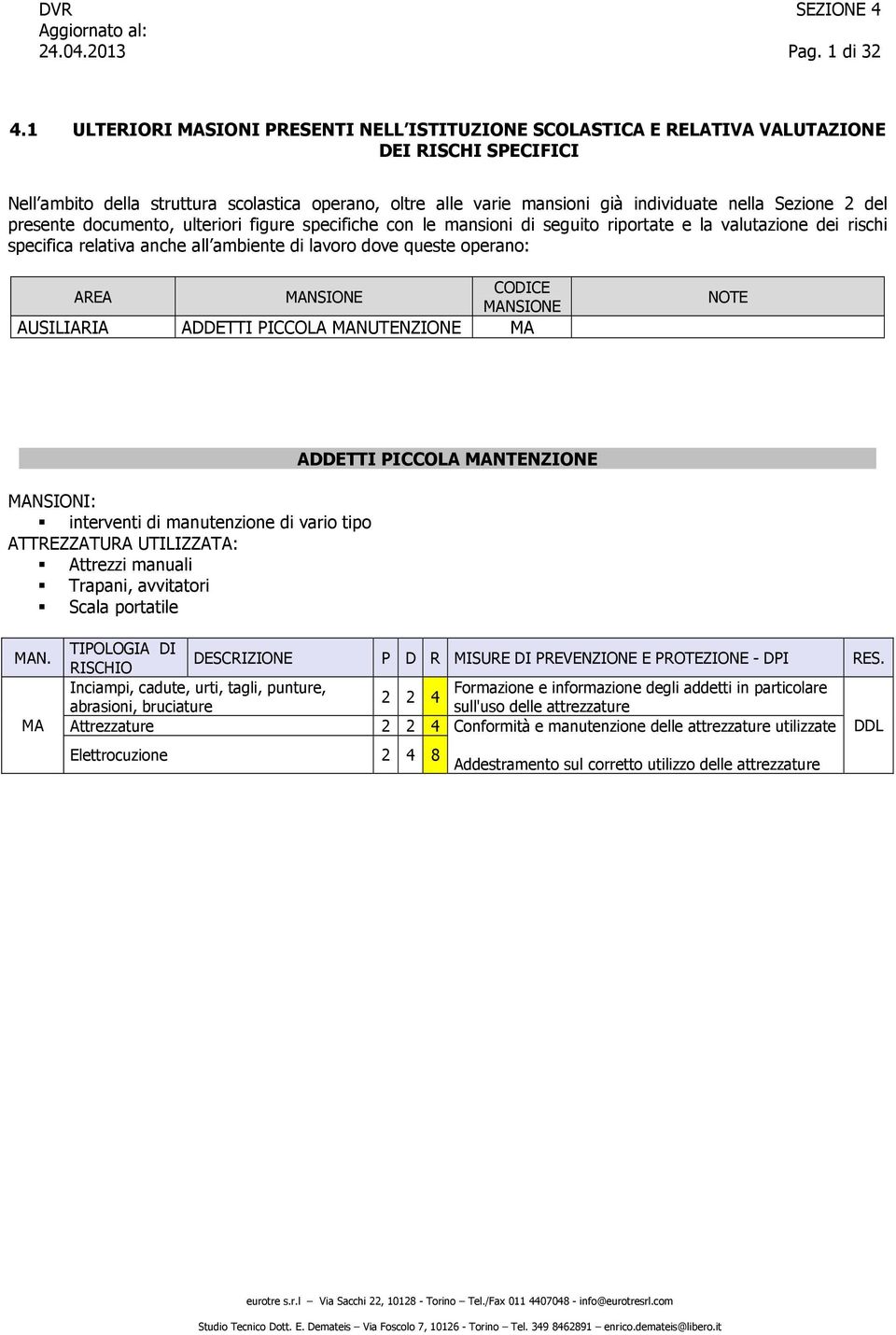 Sezione 2 del presente documento, ulteriori figure specifiche con le mansioni di seguito riportate e la valutazione dei rischi specifica relativa anche all ambiente di lavoro dove queste operano: