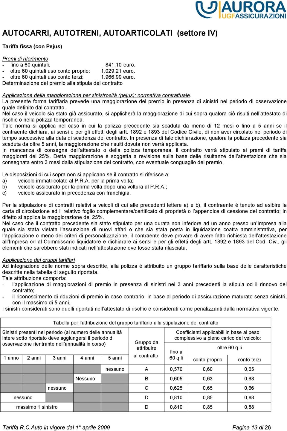 La presente forma tariffaria prevede una maggiorazione del premio in presenza di sinistri nel periodo di osservazione quale definito dal contratto.