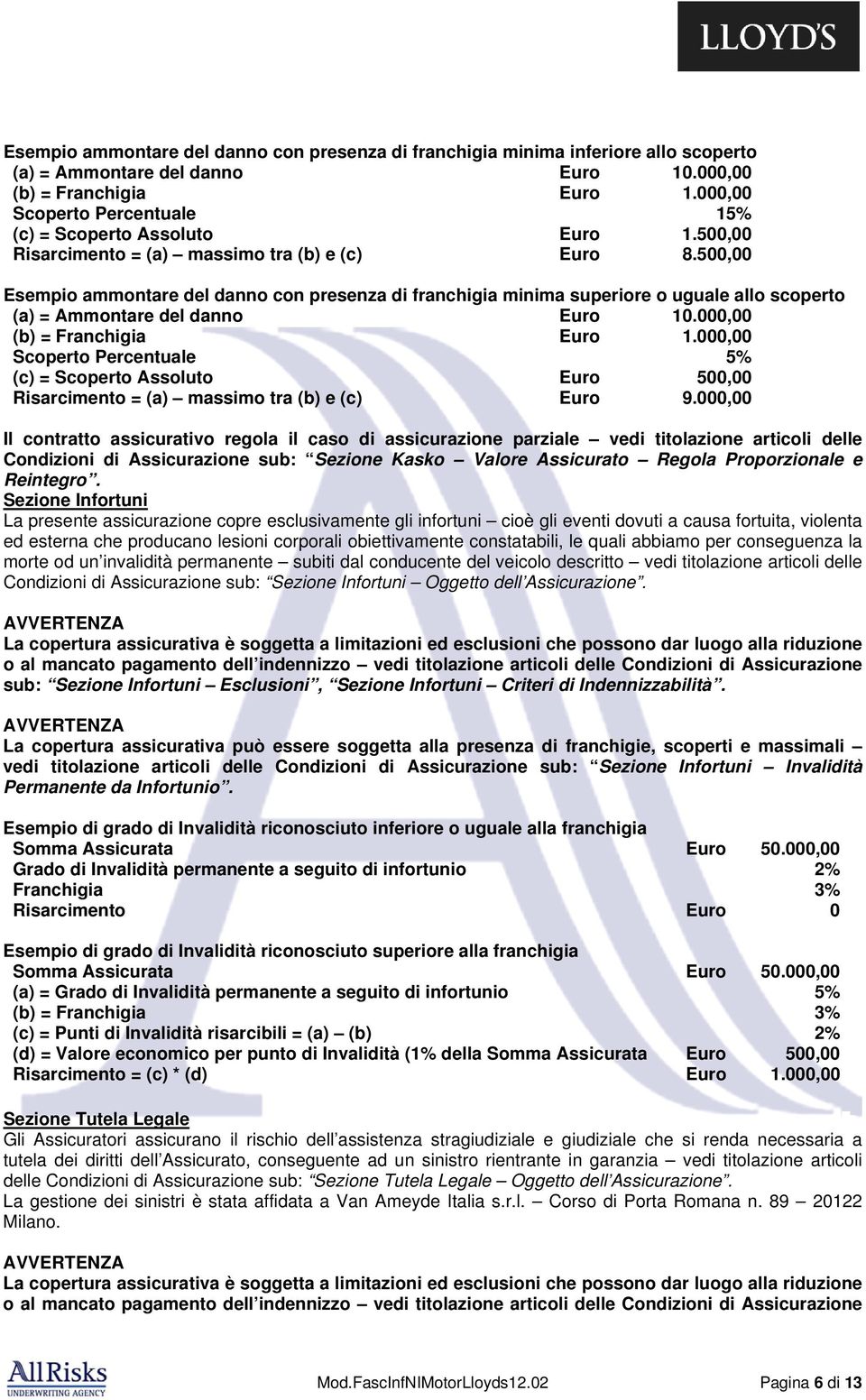 500,00 Esempio ammontare del danno con presenza di franchigia minima superiore o uguale allo scoperto (a) = Ammontare del danno Euro 10.000,00 (b) = Franchigia Euro 1.