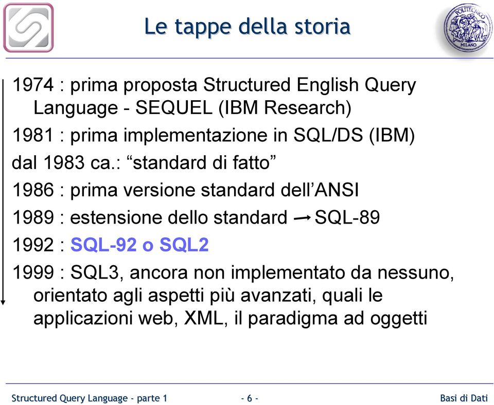 : standard di fatto 1986 : prima versione standard dell ANSI 1989 : estensione dello standard SQL-89 1992