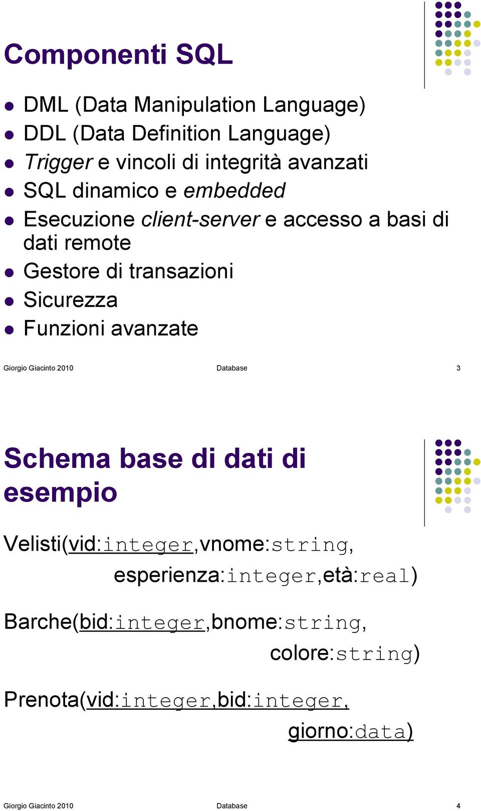 Funzioni avanzate Giorgio Giacinto 2010 Database 3 Schema base di dati di esempio Velisti(vid:integer,vnome:string,