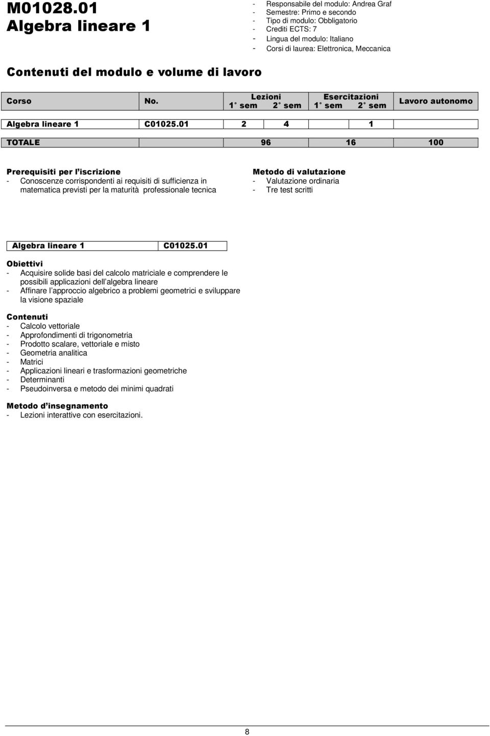 01 2 4 1 TOTALE 96 16 100 - Conoscenze corrispondenti ai requisiti di sufficienza in matematica previsti per la maturità professionale tecnica Metodo di valutazione - Valutazione ordinaria - Tre test