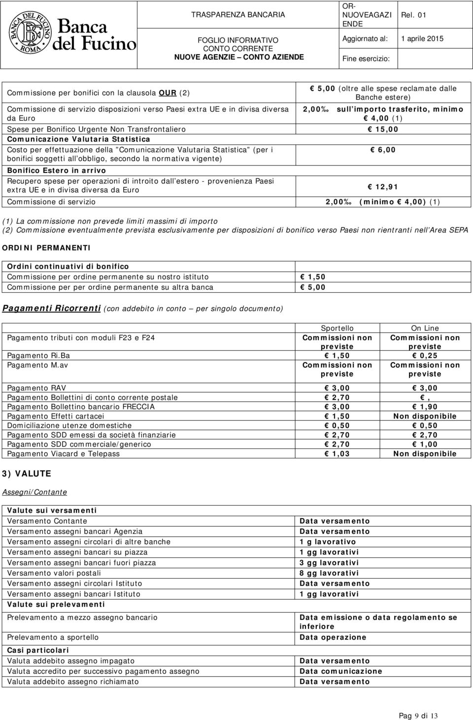 6,00 bonifici soggetti all obbligo, secondo la normativa vigente) Bonifico Estero in arrivo Recupero spese per operazioni di introito dall estero - provenienza Paesi extra UE e in divisa diversa da