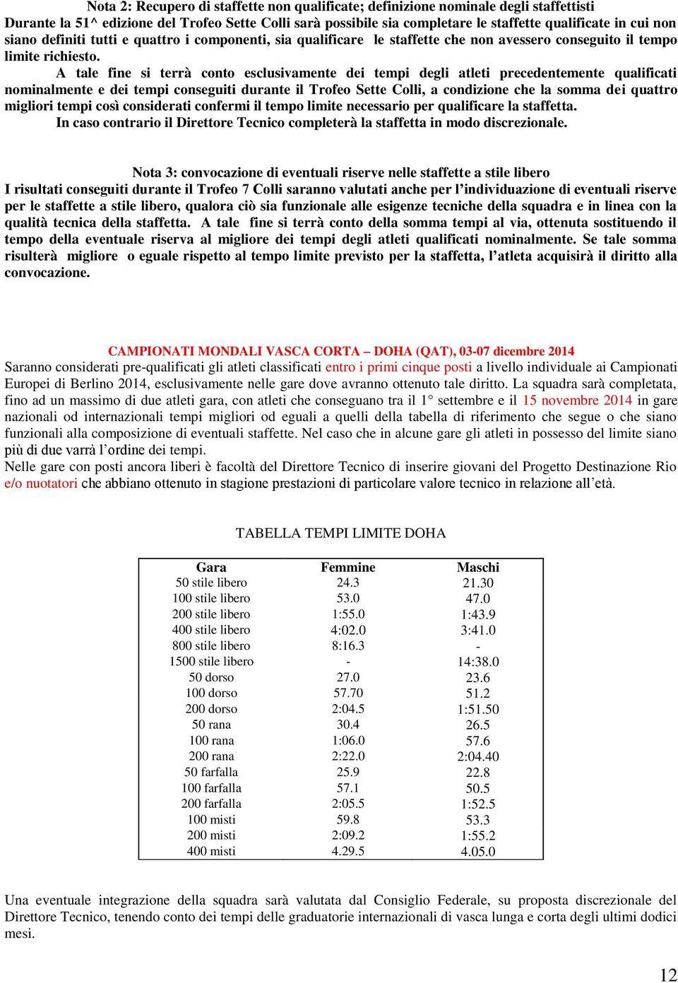 A tale fine si terrà conto esclusivamente dei tempi degli atleti precedentemente qualificati nominalmente e dei tempi conseguiti durante il Trofeo Sette Colli, a condizione che la somma dei quattro