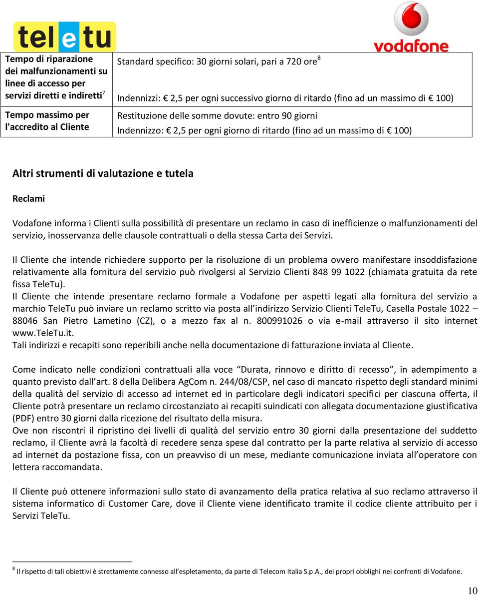 100) Altri strumenti di valutazione e tutela Reclami Vodafone informa i Clienti sulla possibilità di presentare un reclamo in caso di inefficienze o malfunzionamenti del servizio, inosservanza delle