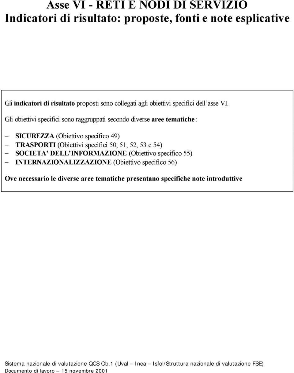 Gli obiettivi specifici sono raggruppati secondo diverse aree tematiche: SICUREZZA (Obiettivo specifico 49) TRASPORTI (Obiettivi specifici