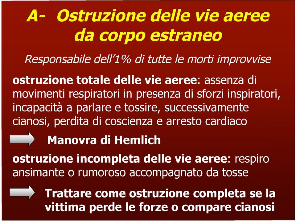 successivamente cianosi, perdita di coscienza e arresto cardiaco Manovra di Hemlich ostruzione incompleta delle vie