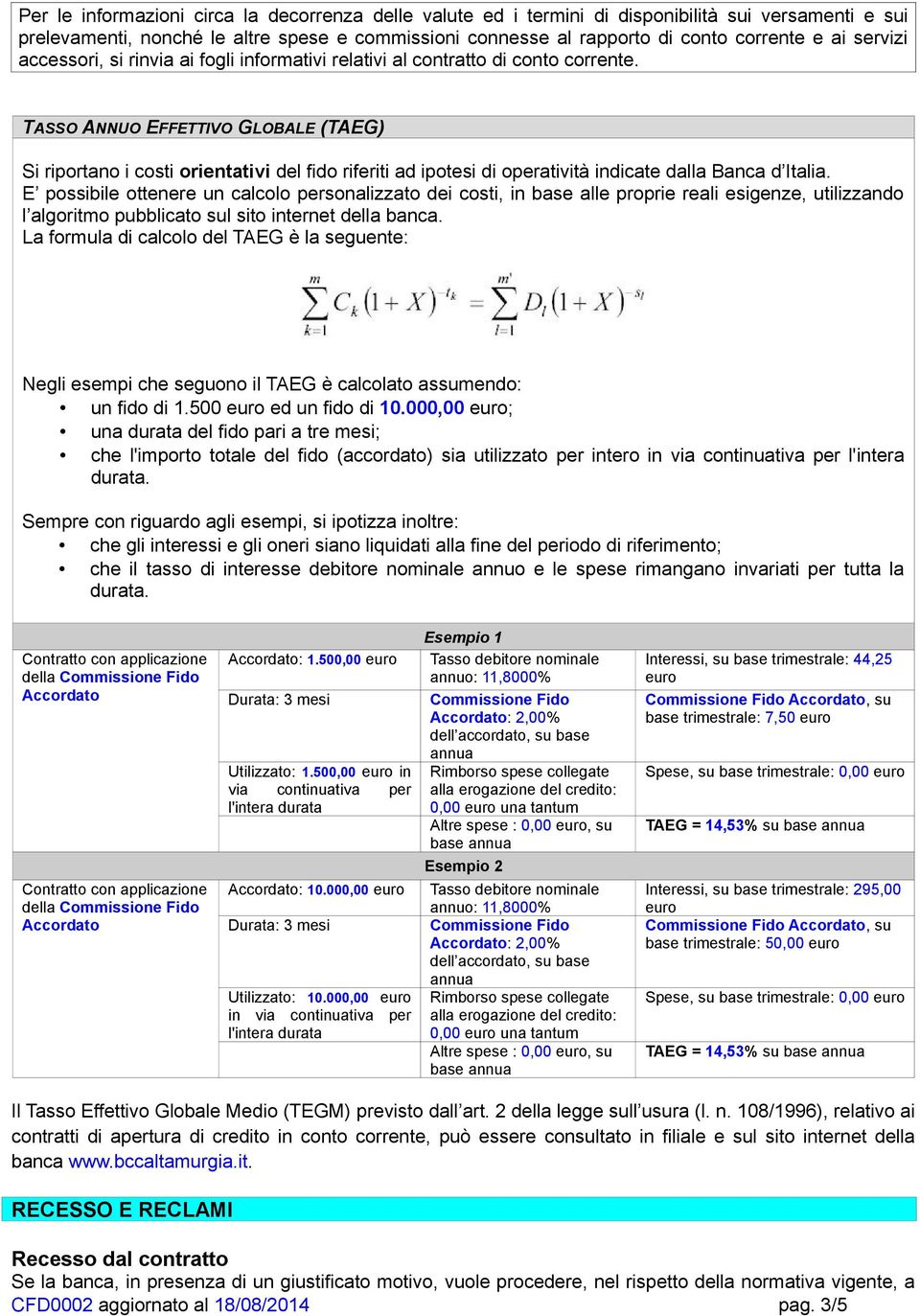 TASSO ANNUO EFFETTIVO GLOBALE (TAEG) Si riportano i costi orientativi del fido riferiti ad ipotesi di operatività indicate dalla Banca d Italia.