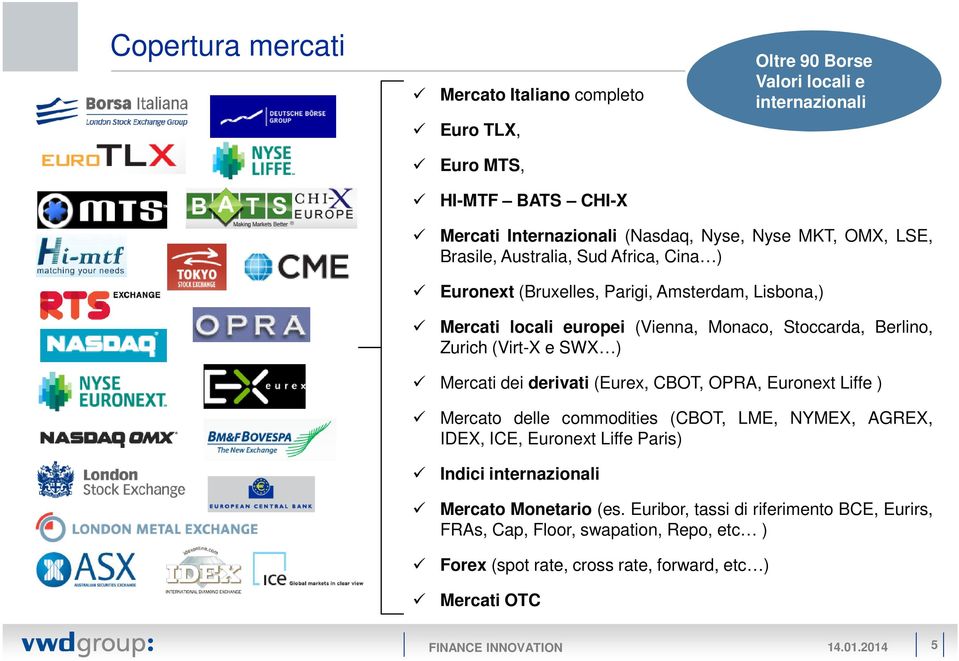 ) Mercati dei derivati (Eurex, CBOT, OPRA, Euronext Liffe ) Mercato delle commodities (CBOT, LME, NYMEX, AGREX, IDEX, ICE, Euronext Liffe Paris) Indici internazionali Mercato