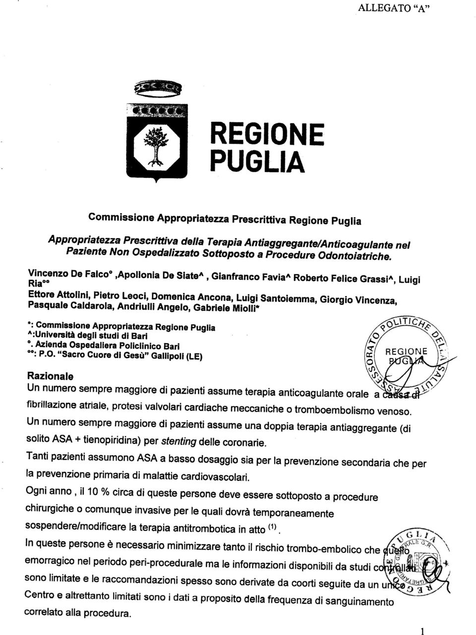 Vincenzo De Falco",Apollonia Ria oo De Siate", Gianfranco Favia" Roberto Felice Grassi", Luigi Ettore Attollni, Pietro Leoci, Domenica Ancona, Luigi Santoiemma, Giorgio Vincenza, Pasquale Caldarola,