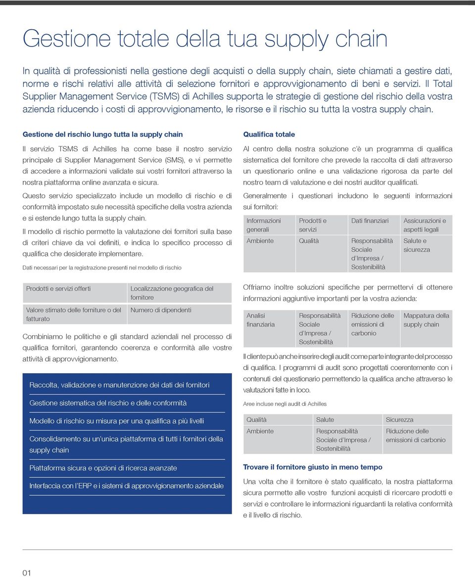 Il Total Supplier Management Service (TSMS) di Achilles supporta le strategie di gestione del rischio della vostra azienda riducendo i costi di approvvigionamento, le risorse e il rischio su tutta la