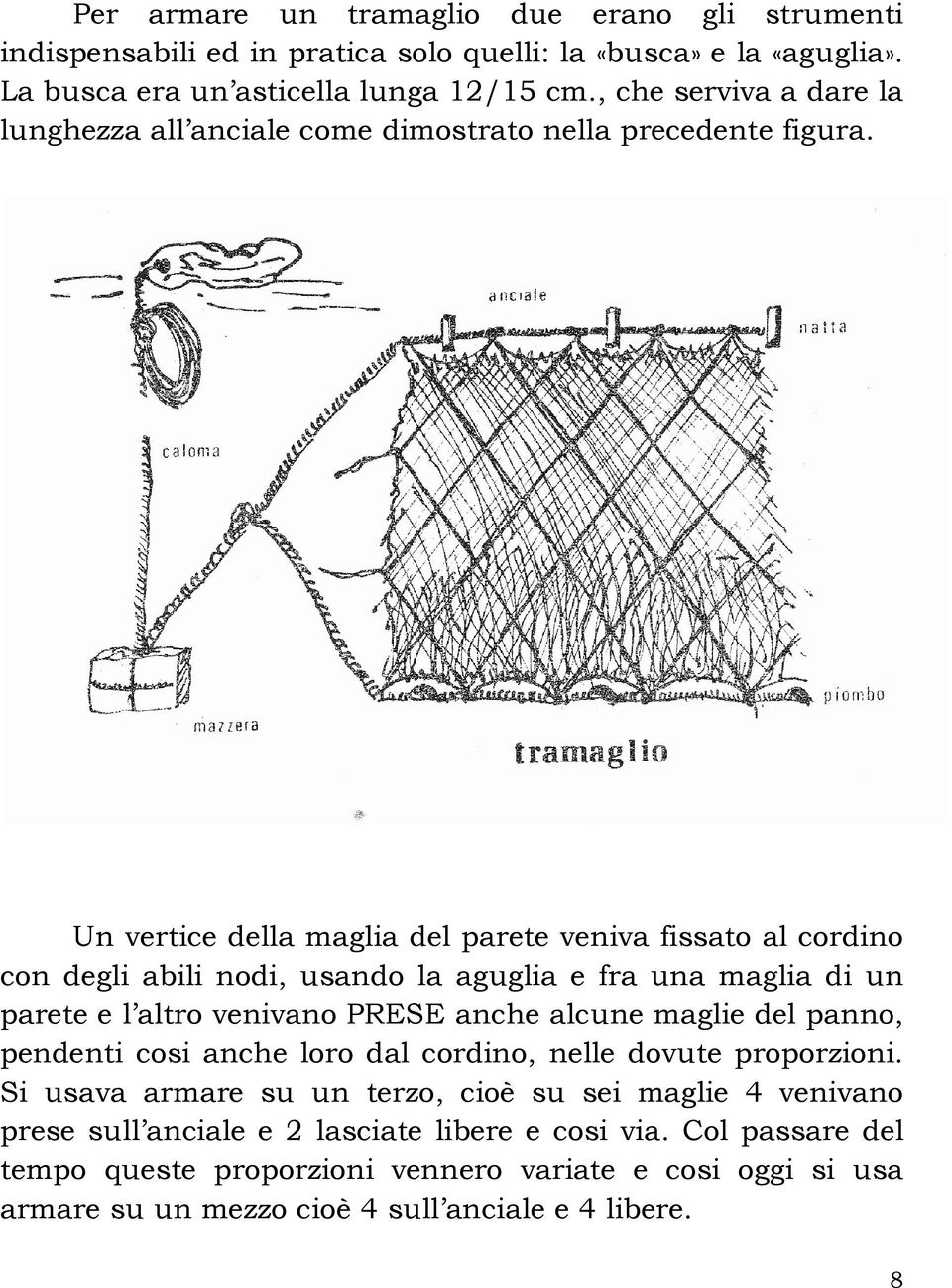 Un vertice della maglia del parete veniva fissato al cordino con degli abili nodi, usando la aguglia e fra una maglia di un parete e l altro venivano PRESE anche alcune maglie del