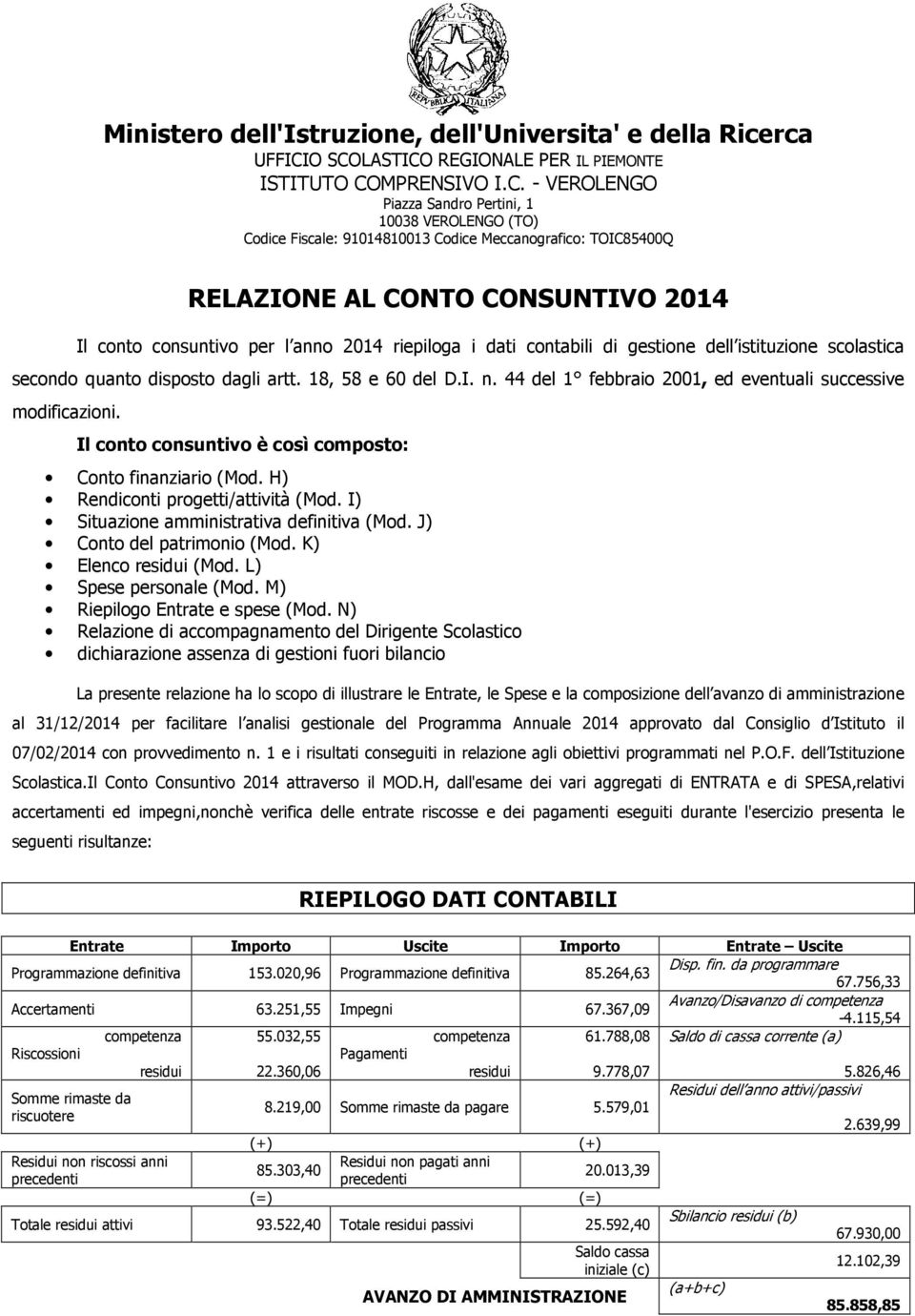 CONTO CONSUNTIVO 2014 Il conto consuntivo per l anno 2014 riepiloga i dati contabili di gestione dell istituzione scolastica secondo quanto disposto dagli artt. 18, 58 e 60 del D.I. n.