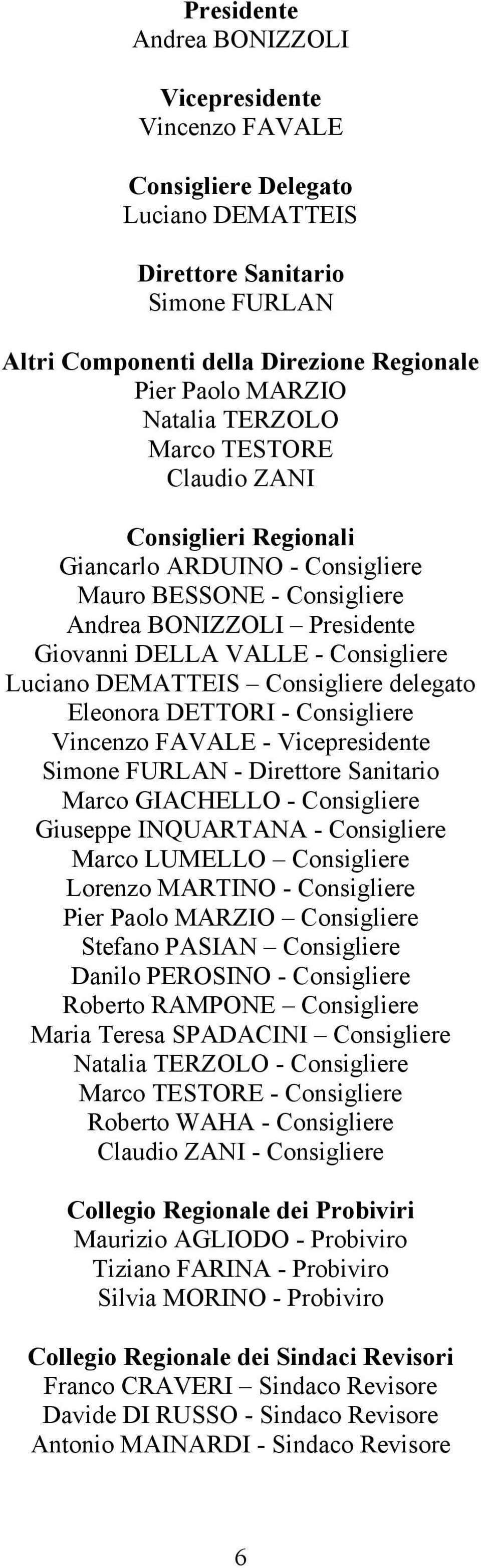 DEMATTEIS Consigliere delegato Eleonora DETTORI - Consigliere Vincenzo FAVALE - Vicepresidente Simone FURLAN - Direttore Sanitario Marco GIACHELLO - Consigliere Giuseppe INQUARTANA - Consigliere