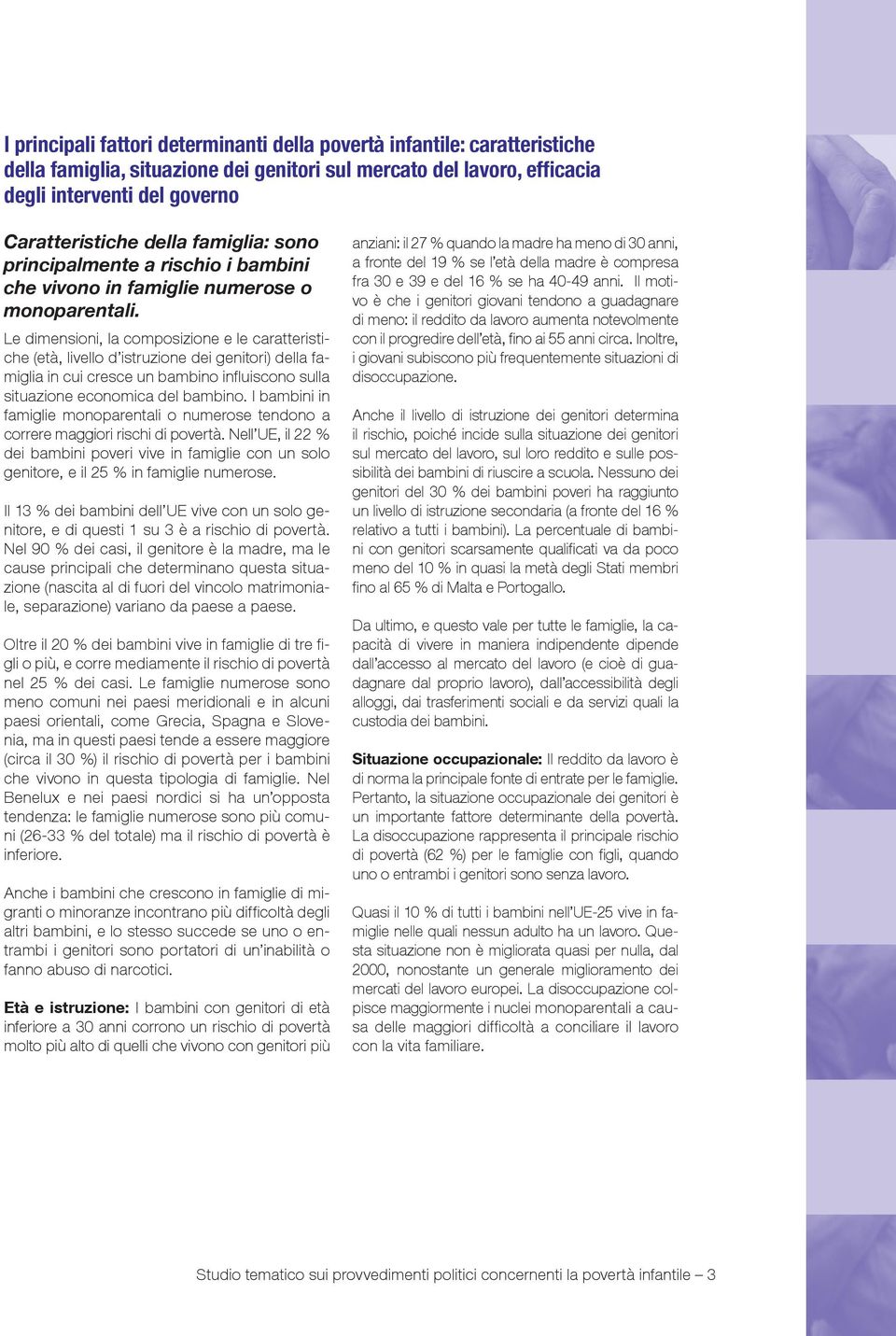 Le dimensioni, la composizione e le caratteristiche (età, livello d istruzione dei genitori) della famiglia in cui cresce un bambino influiscono sulla situazione economica del bambino.