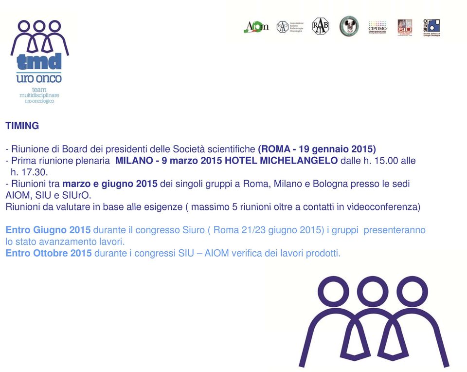 - Riunioni tra marzo e giugno 2015 dei singoli gruppi a Roma, Milano e Bologna presso le sedi AIOM, SIU e SIUrO.