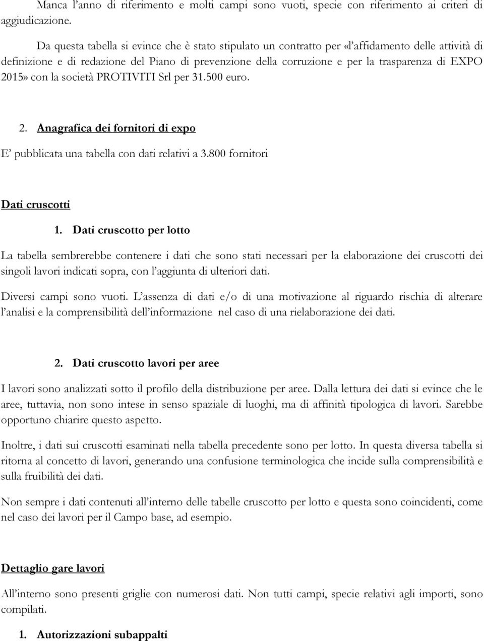 2015» con la società PROTIVITI Srl per 31.500 euro. 2. Anagrafica dei fornitori di expo E pubblicata una tabella con dati relativi a 3.800 fornitori Dati cruscotti 1.