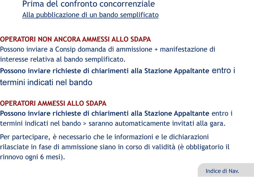 Possono inviare richieste di chiarimenti alla Stazione Appaltante entro i termini indicati nel bando OPERATORI AMMESSI ALLO SDAPA Possono inviare richieste di