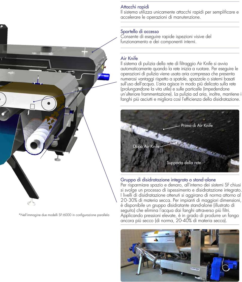 Air Knife Il sistema di pulizia della rete di filtraggio Air Knife si avvia automaticamente quando la rete inizia a ruotare.