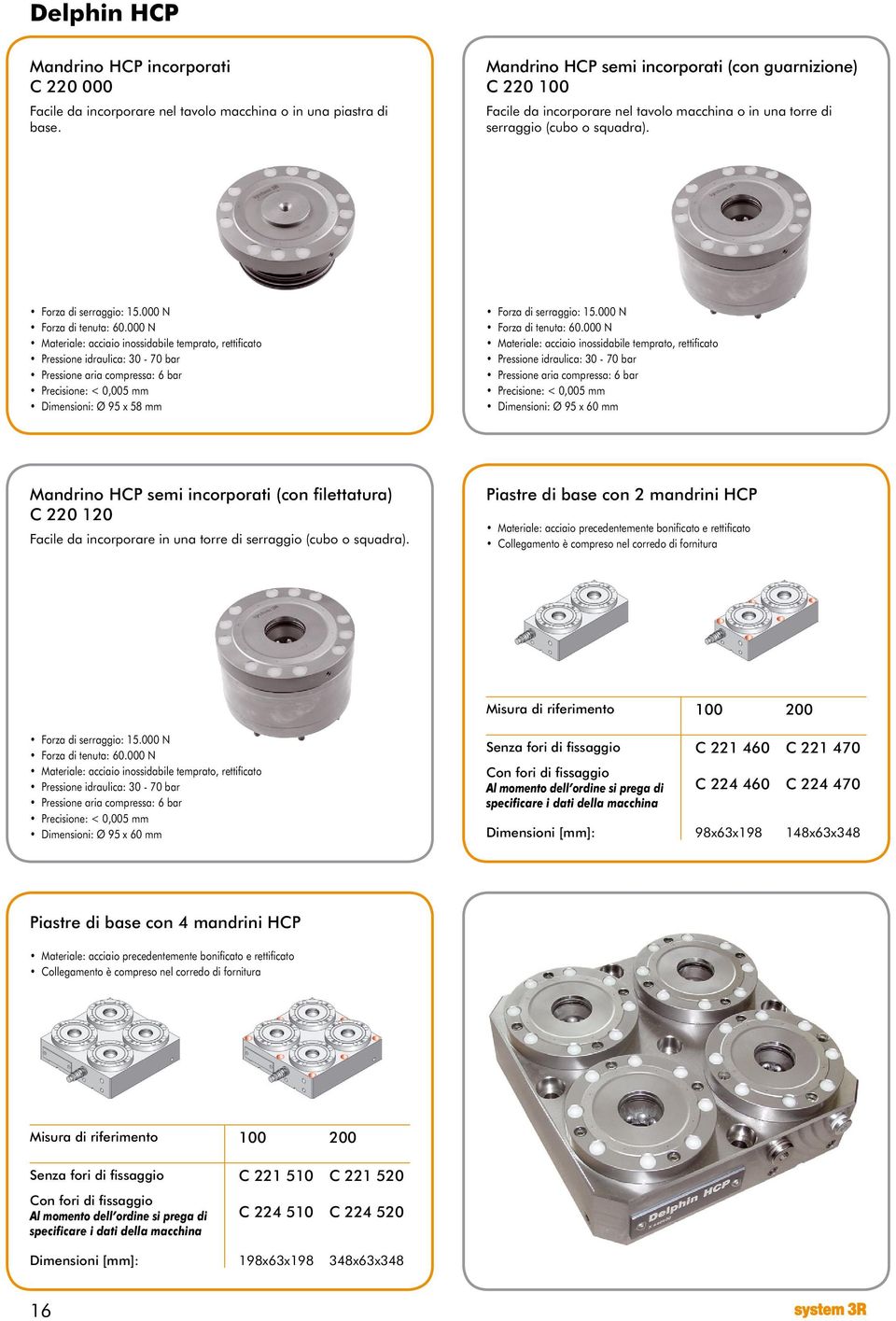 000 N Materiale: acciaio inossidabile temprato, rettificato Pressione idraulica: 30-70 bar Pressione aria compressa: 6 bar Precisione: < 0,005 mm Dimensioni: Ø 95 x 58 mm Forza di serraggio: 15.