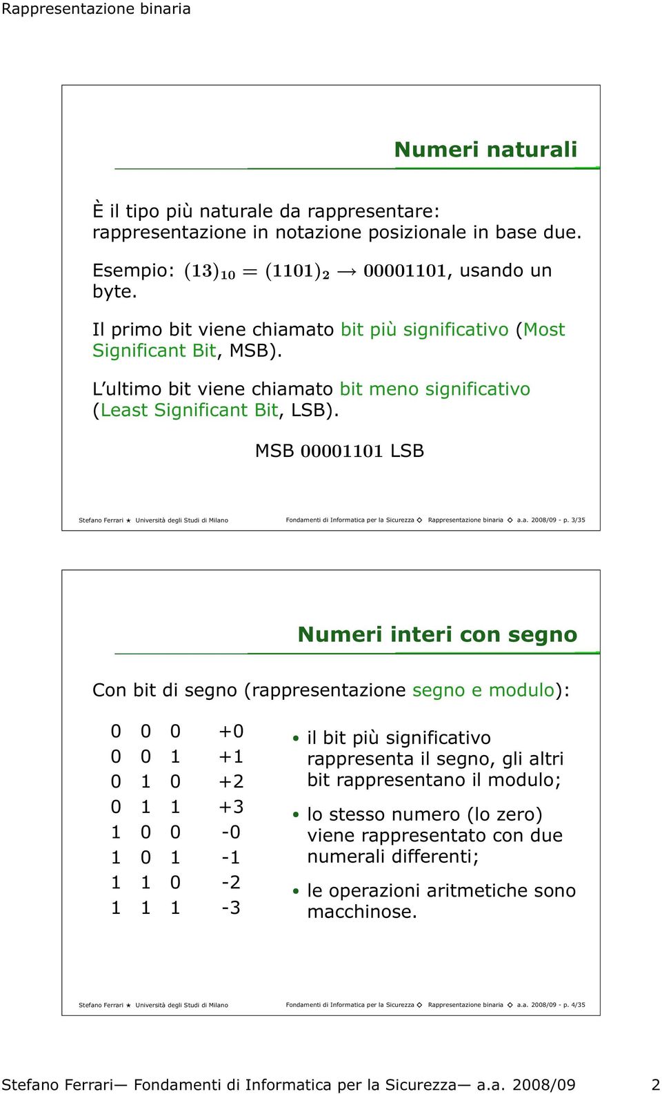 MSB 00001101 LSB Stefano Ferrari Università degli Studi di Milano Fondamenti di Informatica per la Sicurezza Rappresentazione binaria a.a. 2008/09- p.