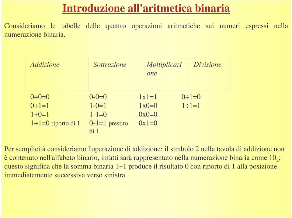 0x0=0 0x1=0 0 1=0 1 1=1 Per semplicità consideriamo l'operazione di addizione: il simbolo 2 nella tavola di addizione non è contenuto nell'alfabeto binario,