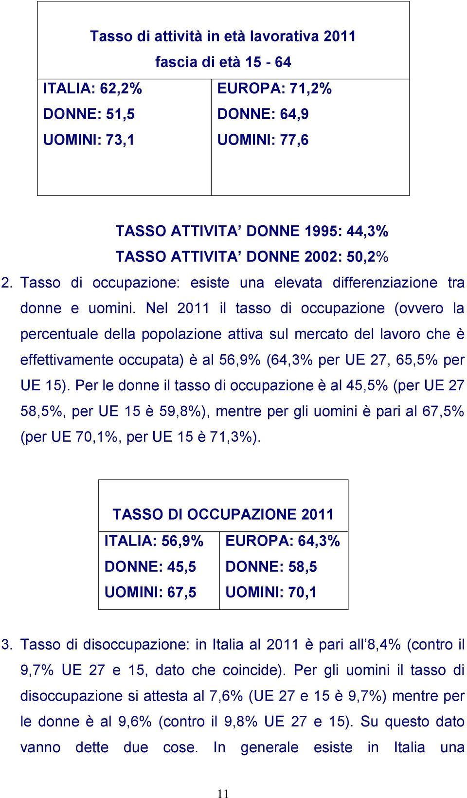 Nel 2011 il tasso di occupazione (ovvero la percentuale della popolazione attiva sul mercato del lavoro che è effettivamente occupata) è al 56,9% (64,3% per UE 27, 65,5% per UE 15).