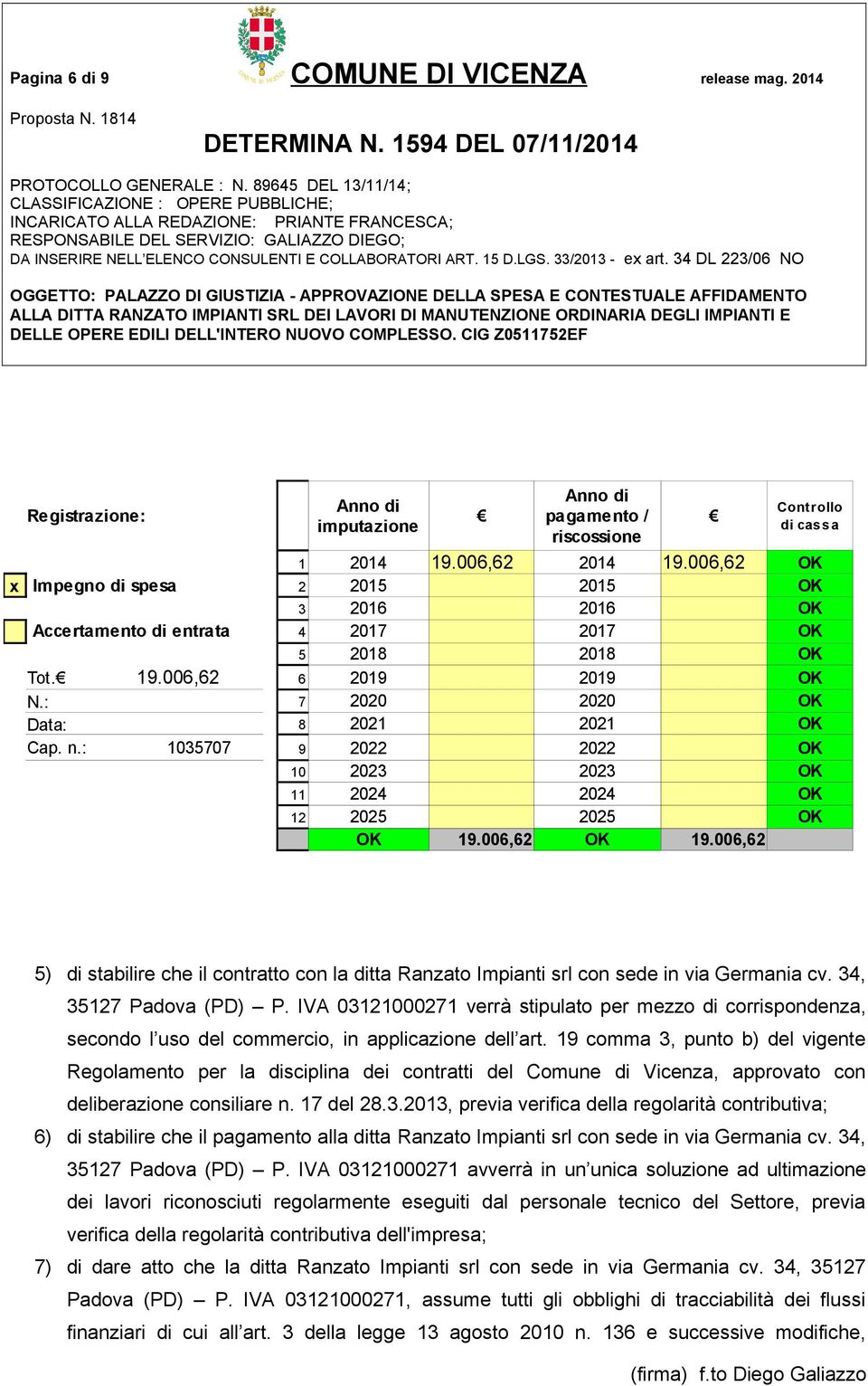 : 1035707 9 2022 2022 OK 10 2023 2023 OK 11 2024 2024 OK 12 2025 2025 OK OK 19.006,62 OK 19.006,62 5) di stabilire che il contratto con la ditta Ranzato Impianti srl con sede in via Germania cv.