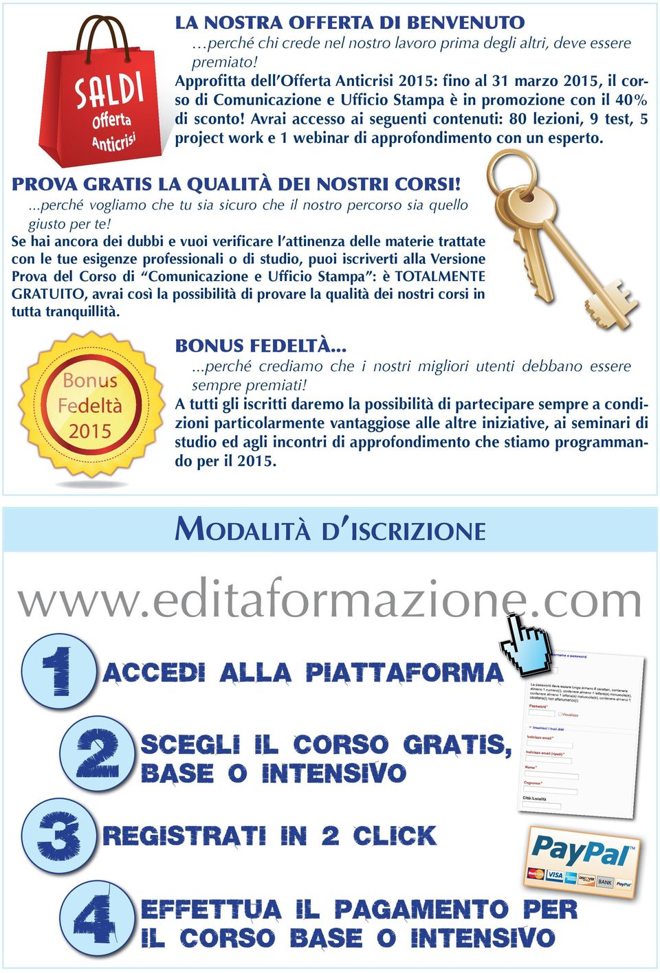 Avrai accesso ai seguenti contenuti: 80 lezioni, 9 test, 5 project work e 1 webinar di approfondimento con un esperto. PROVA GRATIS LA QUALITÀ DEI NOSTRI CORSI!