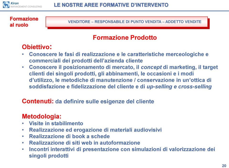 conservazione in un ottica di soddisfazione e fidelizzazione del cliente e di up-selling e cross-selling da definire sulle esigenze del cliente Metodologia: Visite in stabilimento Realizzazione ed