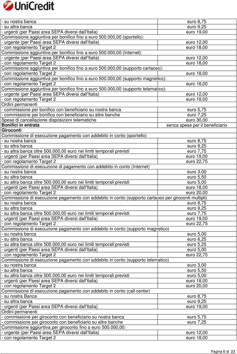 000,00 (Internet): - urgente (per Paesi area SEPA diversi dall'italia) euro 12,00 - con regolamento Target 2 euro 18,00 Commissione aggiuntiva per bonifico fino a euro 500.