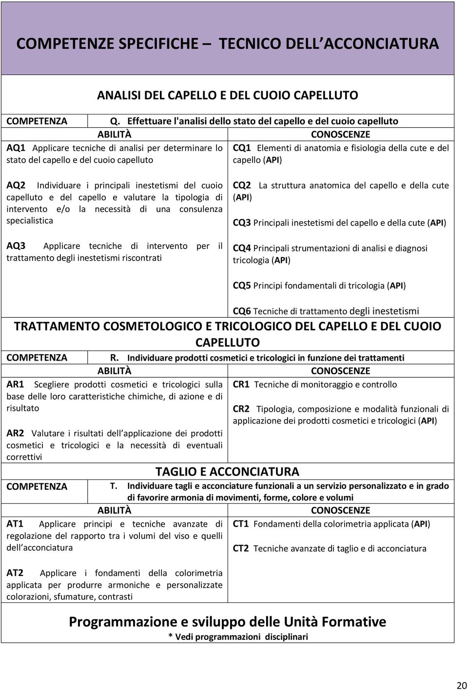 della cute e del capello (API) AQ2 Individuare i principali inestetismi del cuoio capelluto e del capello e valutare la tipologia di intervento e/o la necessità di una consulenza specialistica AQ3