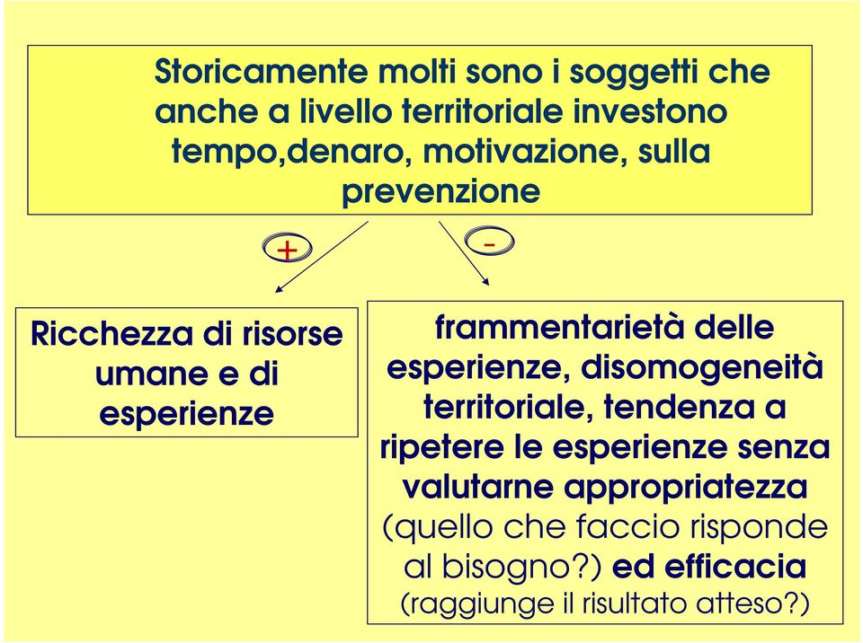 delle esperienze, disomogeneità territoriale, tendenza a ripetere le esperienze senza valutarne