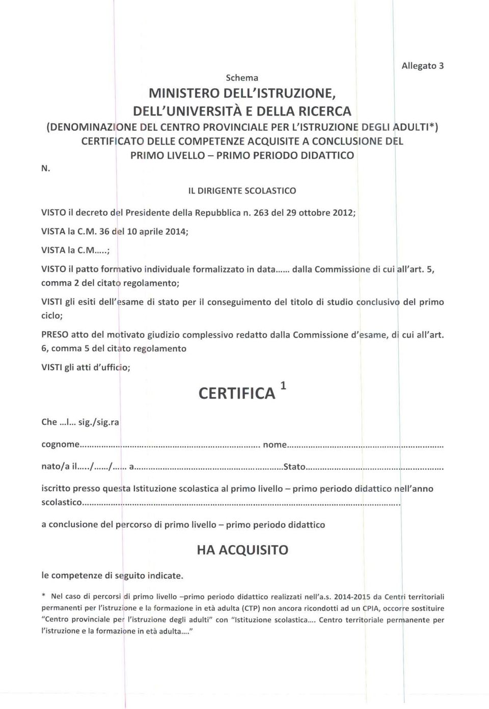 .. dalla Commissidne di cui comma 2 del citat6 regolamento; VST gli esiti dell'l same di stato per il conseguimento del titolo di studio oonclusiv ciclo; j PRESO atto del m tivato giudizio