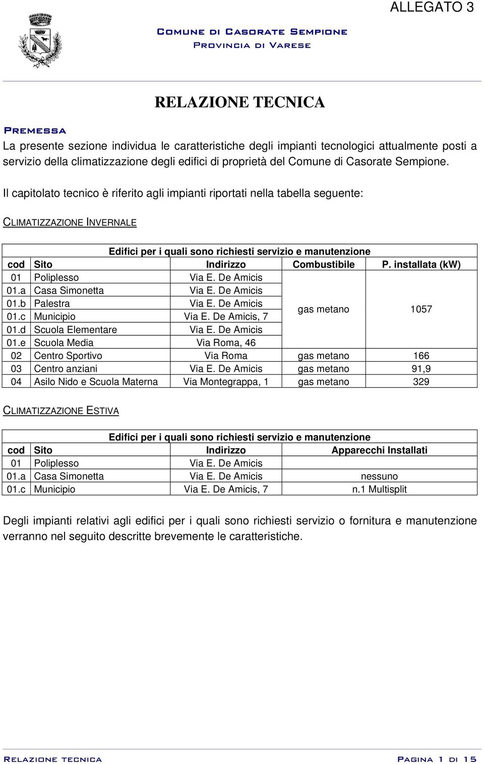 installata (kw) 01 Poliplesso Via E. De Amicis 01.a Casa Simonetta Via E. De Amicis 01.b Palestra Via E. De Amicis 01.c Municipio Via E. De Amicis, 7 gas metano 1057 01.d Scuola Elementare Via E.