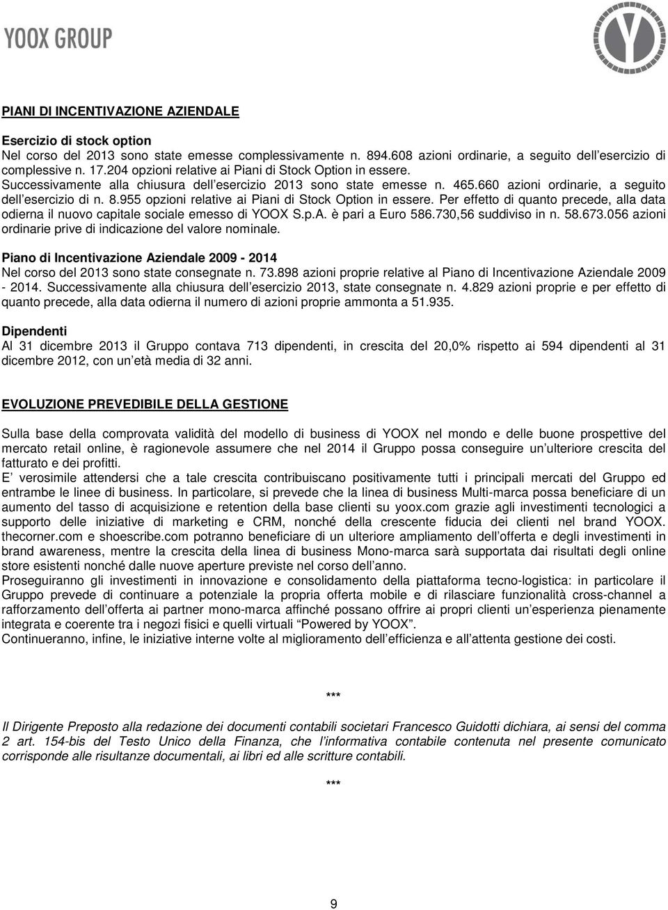 955 opzioni relative ai Piani di Stock Option in essere. Per effetto di quanto precede, alla data odierna il nuovo capitale sociale emesso di YOOX S.p.A. è pari a Euro 586.730,56 suddiviso in n. 58.673.