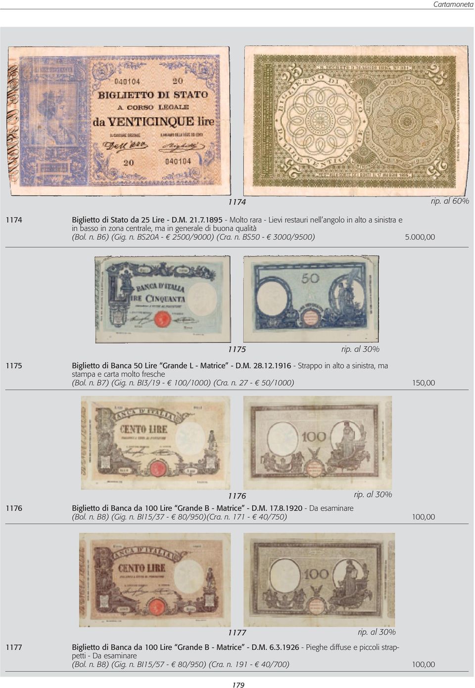 1916 - Strappo in alto a sinistra, ma stampa e carta molto fresche (Bol. n. B7) (Gig. n. BI3/19-100/1000) (Cra. n. 27-50/1000) 150,00 1176 Biglietto di Banca da 100 Lire Grande B - Matrice - D.M. 17.