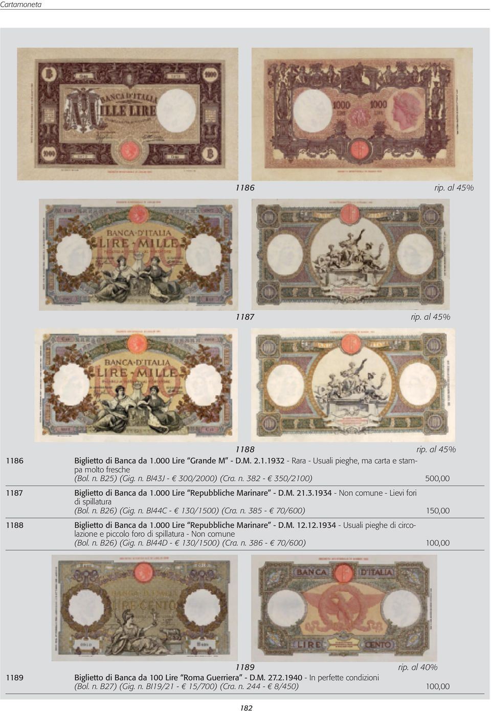 n. 385-70/600) 150,00 1188 Biglietto di Banca da 1.000 Lire Repubbliche Marinare - D.M. 12.12.1934 - Usuali pieghe di circolazione e piccolo foro di spillatura - Non comune (Bol. n.