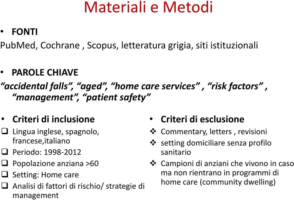 Popolazione anziana >60 Setting: Home care Analisi di fattori di rischio/ strategie di management Criteri di esclusione Commentary, letters,