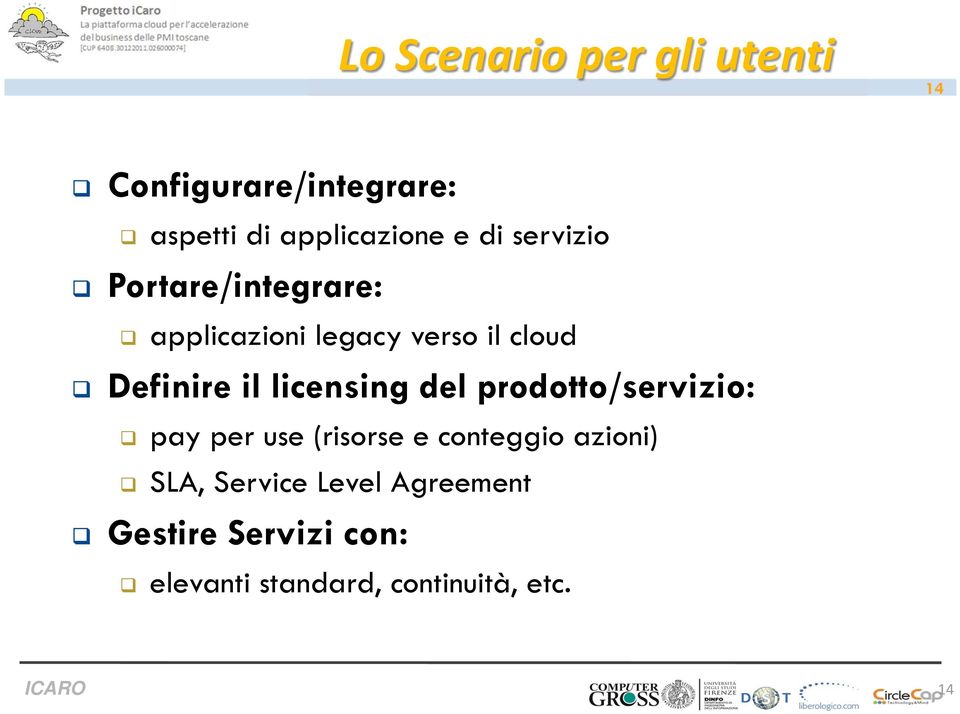 licensing del prodotto/servizio: pay per use (risorse e conteggio azioni) SLA,
