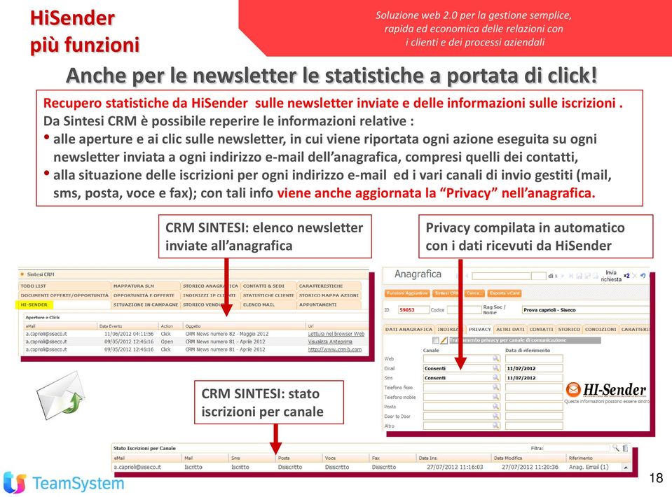 Da Sintesi CRM è possibile reperire le informazioni relative : alle aperture e ai clic sulle newsletter, in cui viene riportata ogni azione eseguita su ogni newsletter inviata a ogni indirizzo e-mail